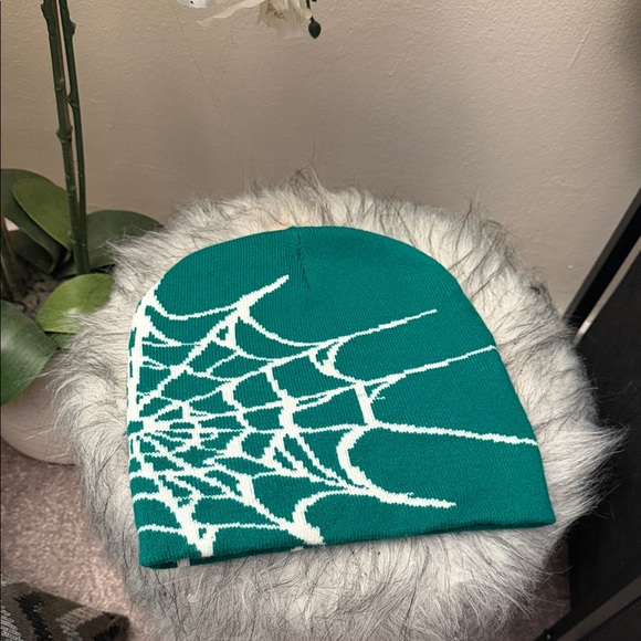 Other - Green Beanie with White Spider Web Design